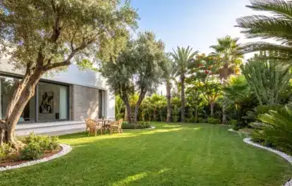 Jardin luxuriant avec oliviers centenaires, pelouse soignée, salon en rotin et végétation tropicale