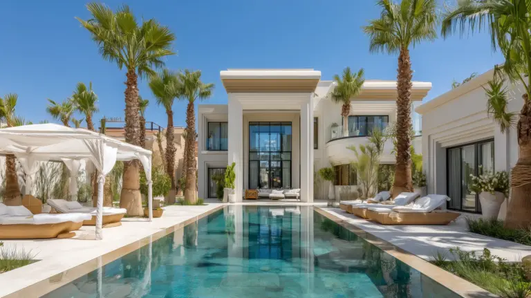 Villa de luxe à Marrakech avec piscine, cabane blanche, chaises longues en rotin, palmiers et façade blanche moderne