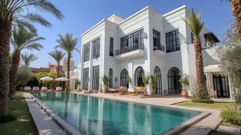 Villa blanche de luxe à Marrakech avec piscine longueur, palmiers, fenêtres mauresques et chaises longues