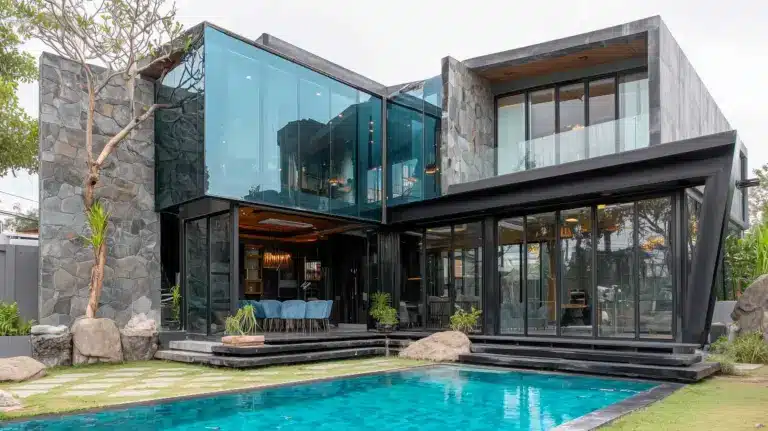 Villa contemporaine avec façade en pierre et verre, charpente en acier noir, piscine privée et intérieur ouvert
