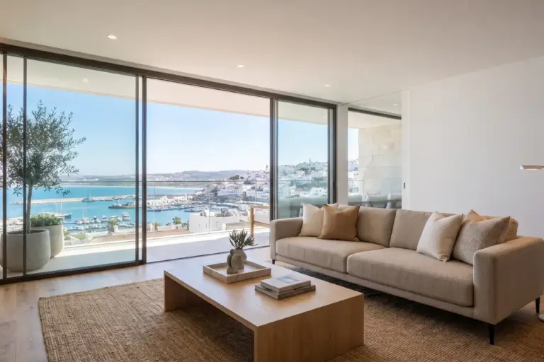 Séjour d'appartement moderne aux baies vitrées toute hauteur ouvertes sur la marina et la médina, Malabata, Tanger