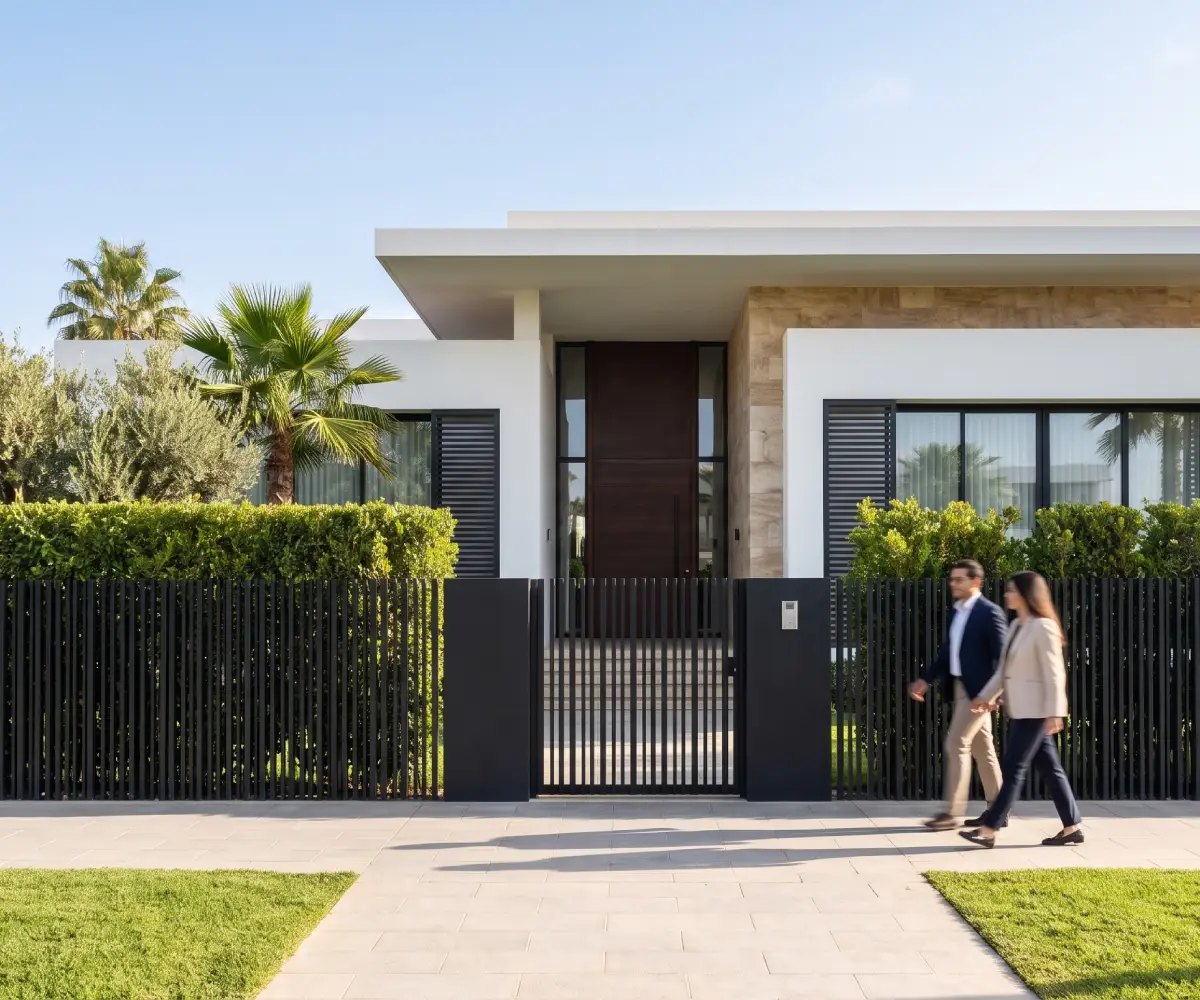 Agent immobilier freelance à Casablanca passant devant l'entrée d'une villa moderne avec jardin de palmiers