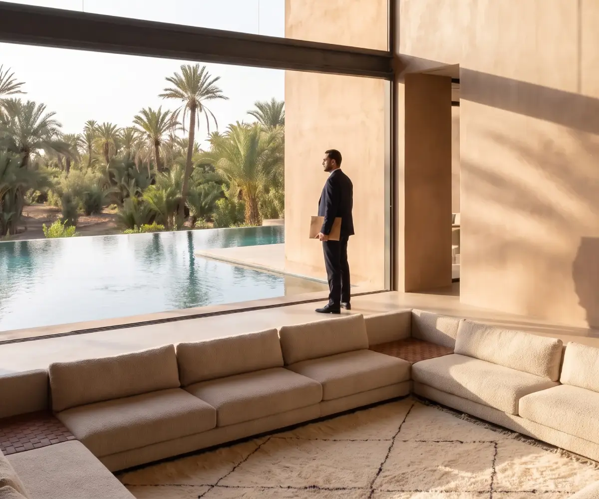 Agent immobilier freelance à Marrakech contemplant une piscine et un jardin de palmiers depuis un salon de villa