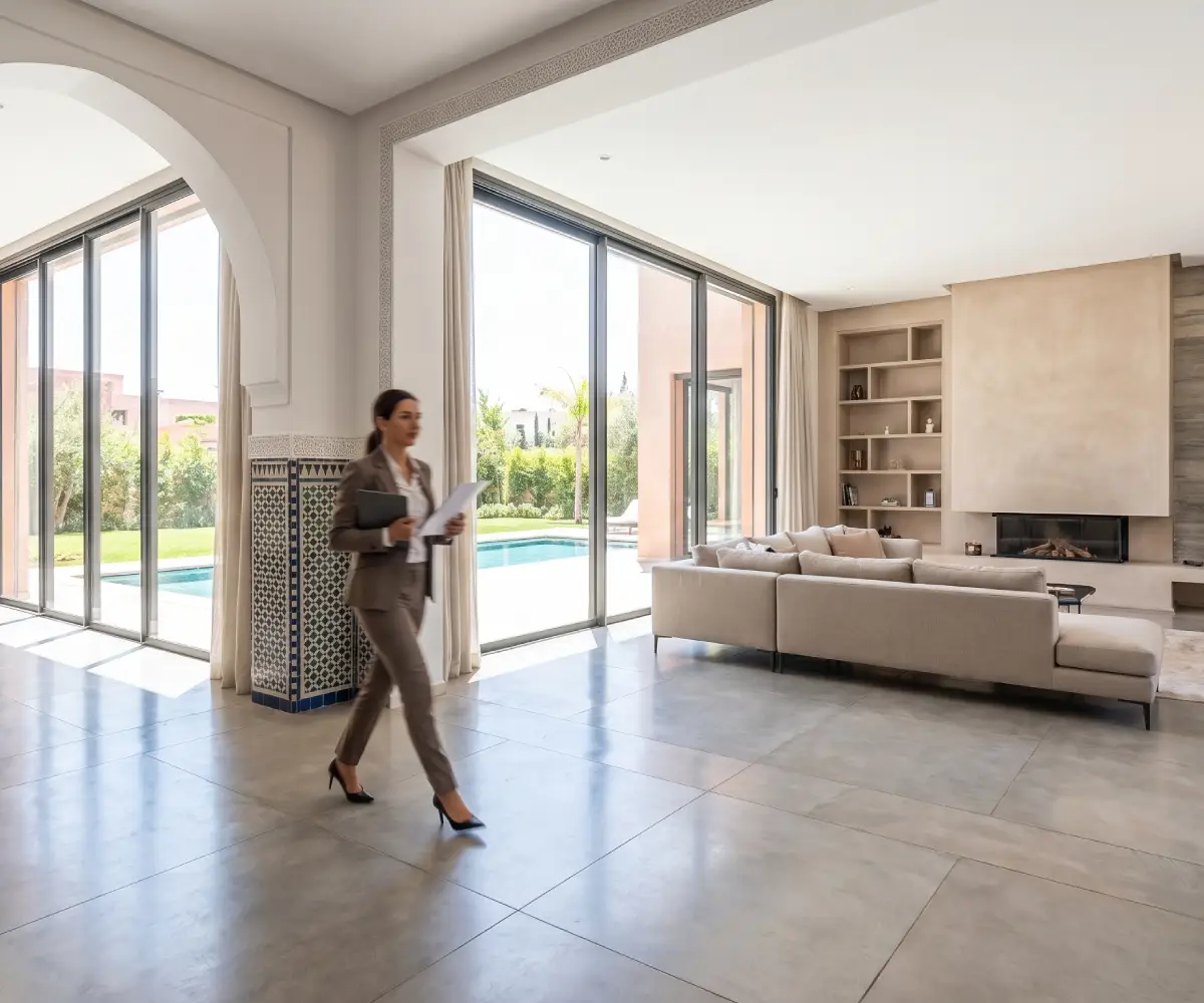 Agent immobilier freelance à Rabat traversant un salon de villa lumineux avec vue sur la piscine et cheminée