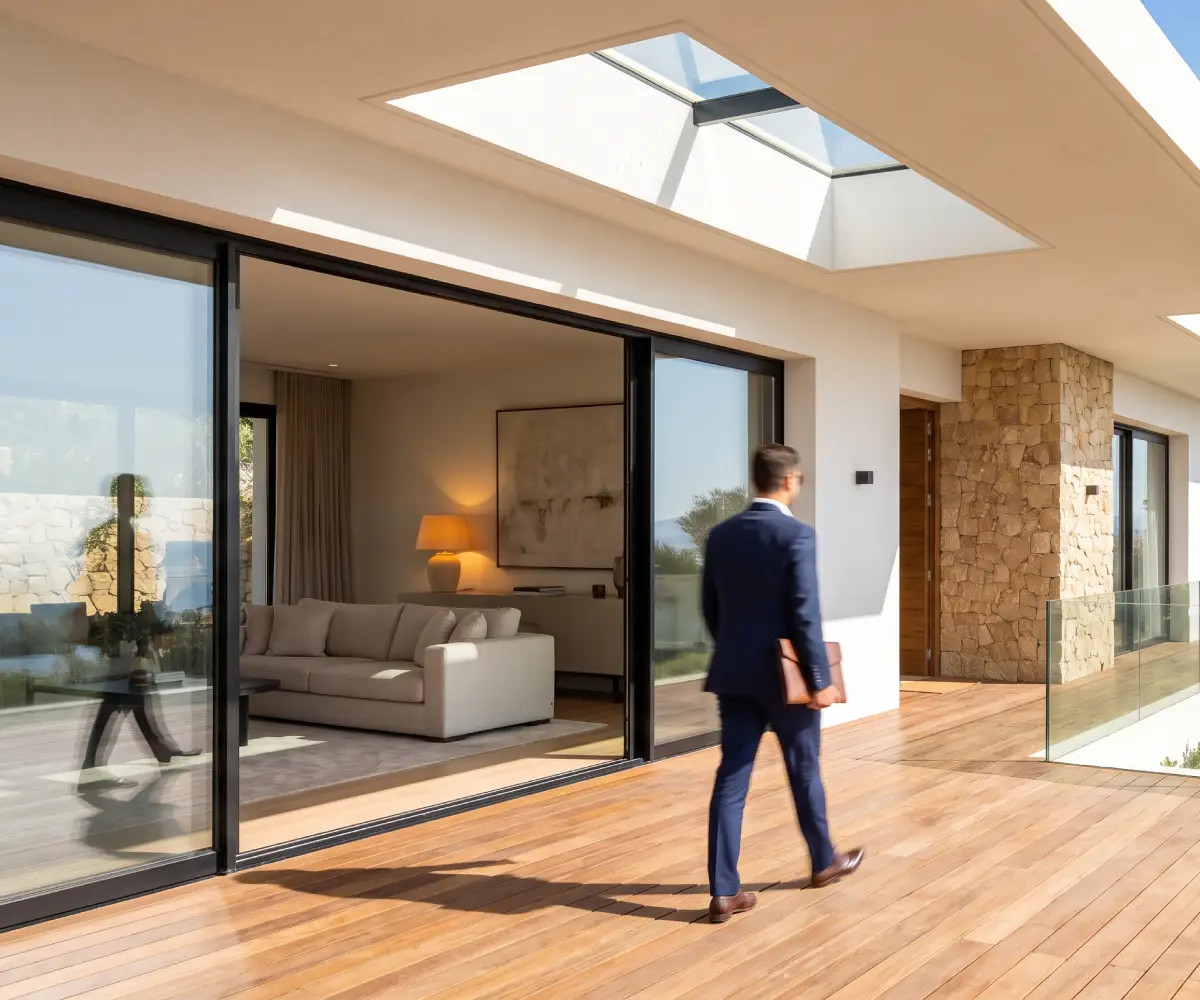 Agent immobilier freelance à Tanger traversant la terrasse en bois d'une villa moderne aux baies vitrées ouvertes
