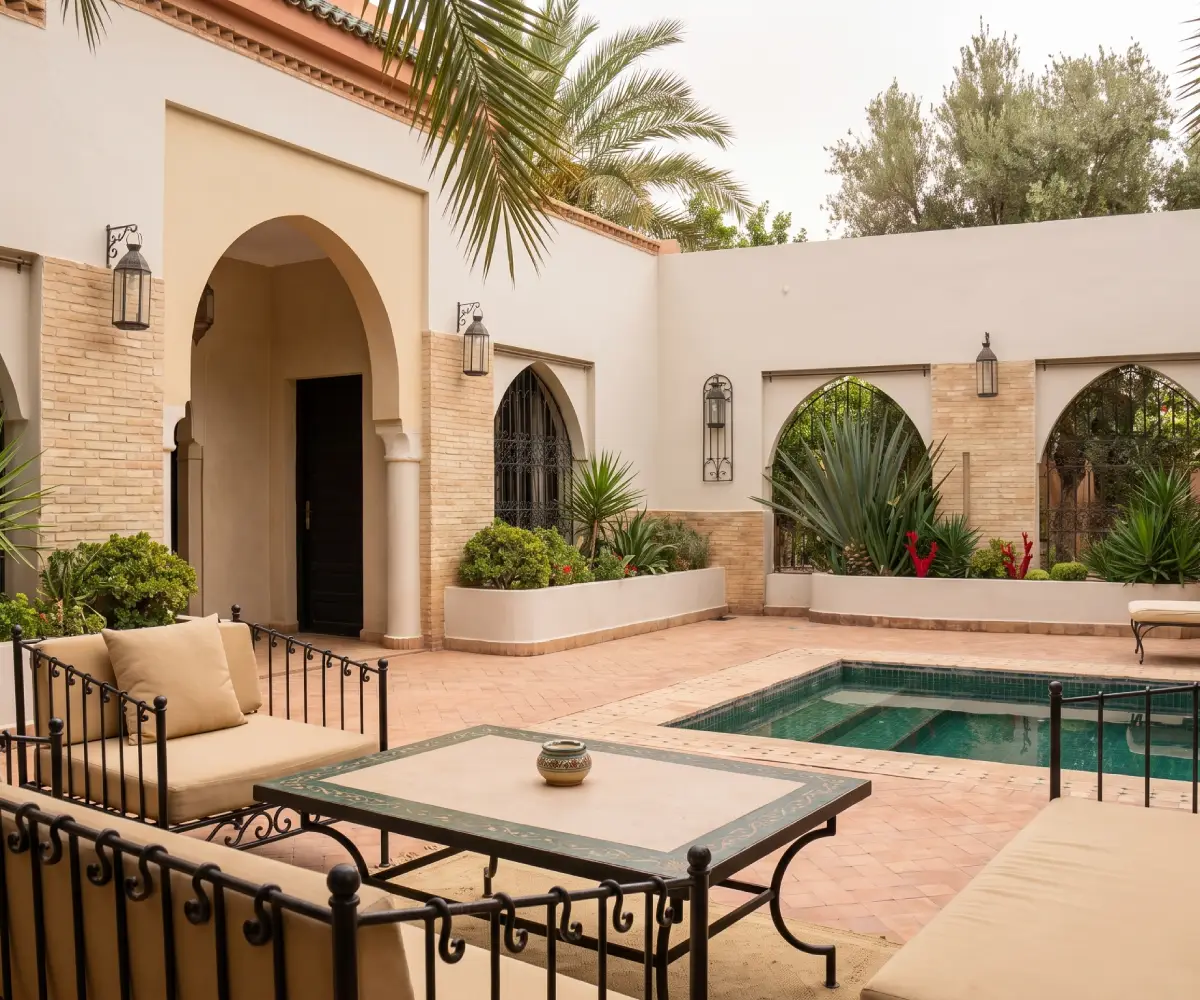 Riad-style courtyard in Marrakech featuring a central pool, arches, and carved stucco.
