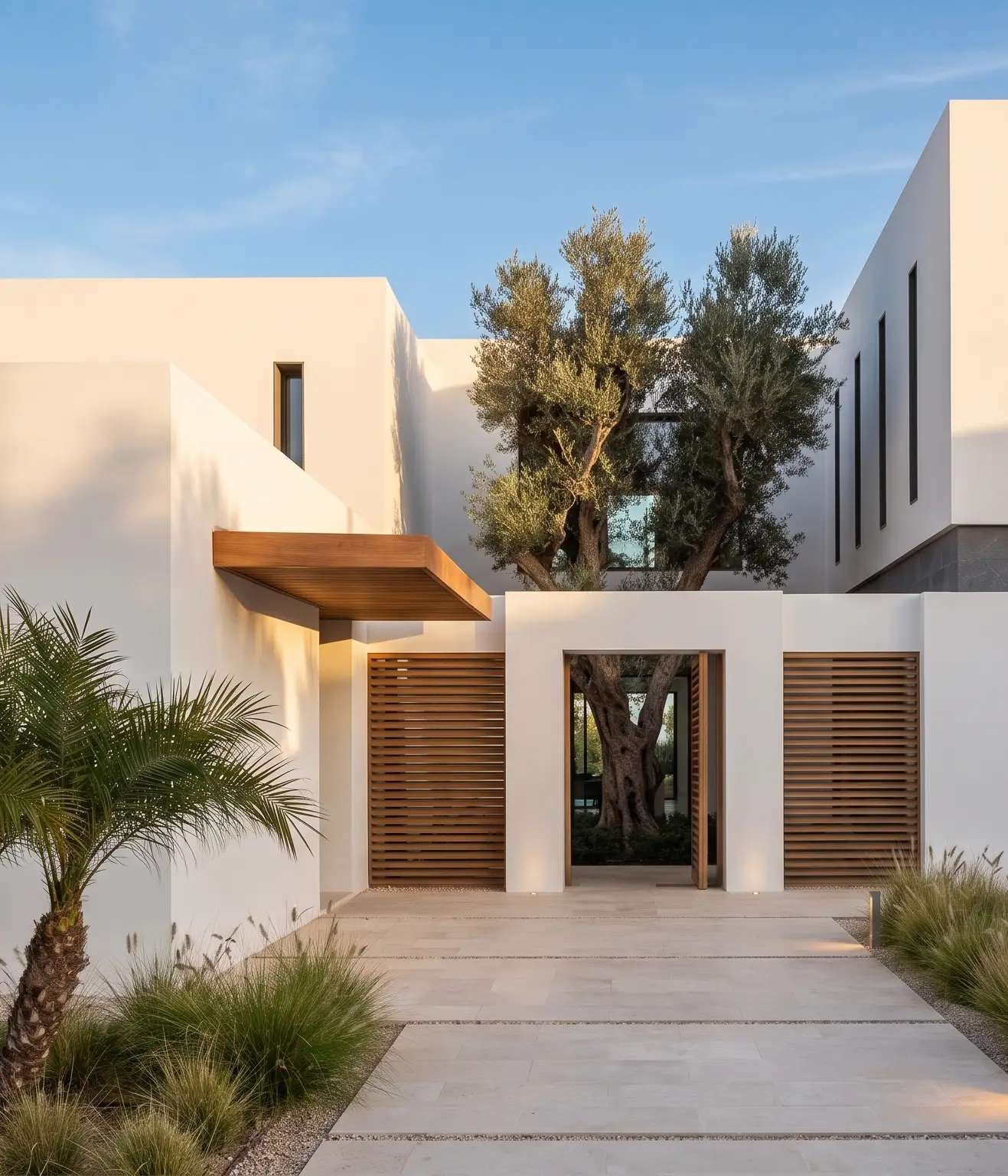 Entrée de villa minimaliste à Rabat avec portails à claire-voie en bois et olivier centenaire