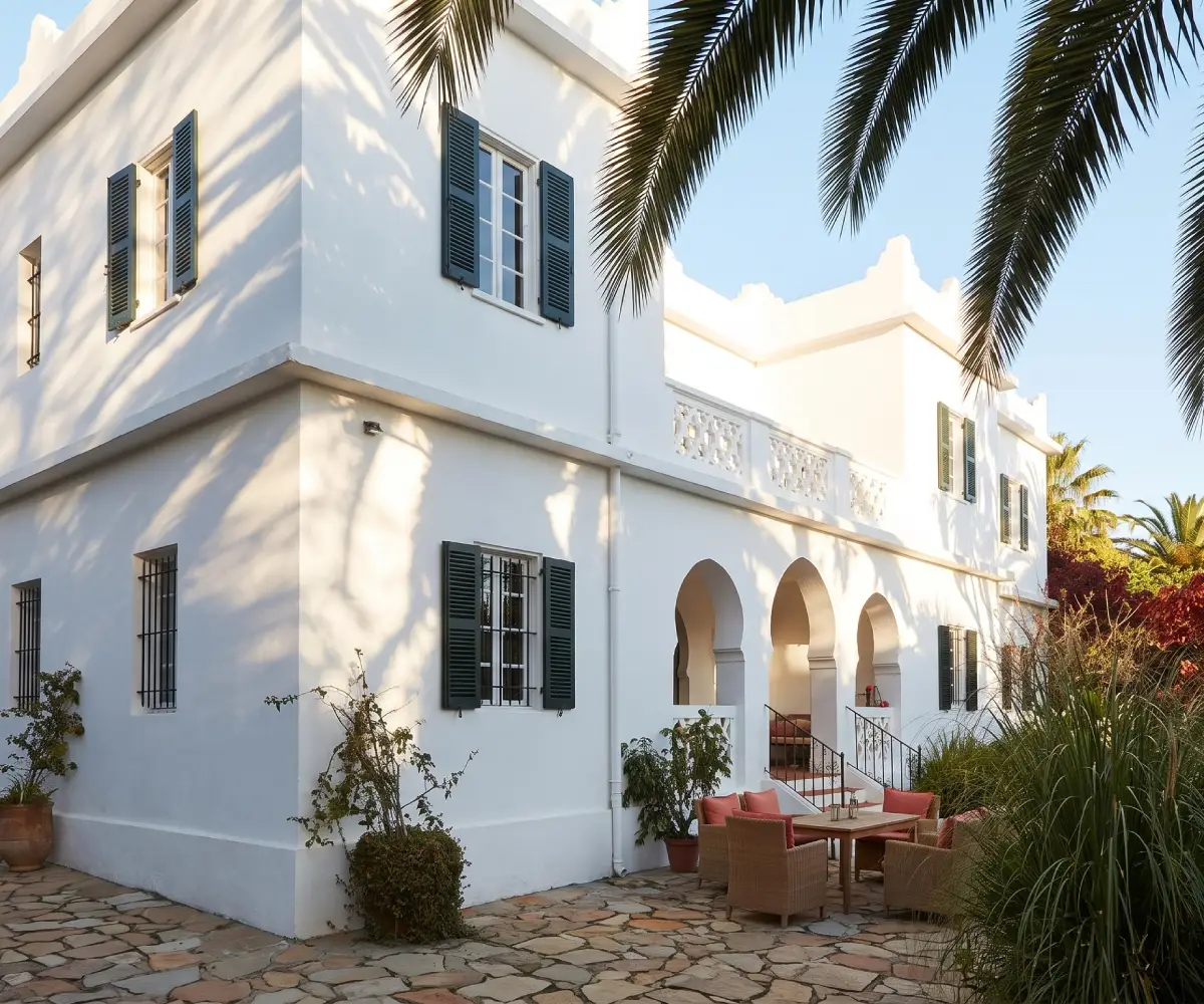 Villa blanche à galerie d'arcades sur colonnes de pierre, transats et piscine turquoise dans un jardin engazonné, Tanger