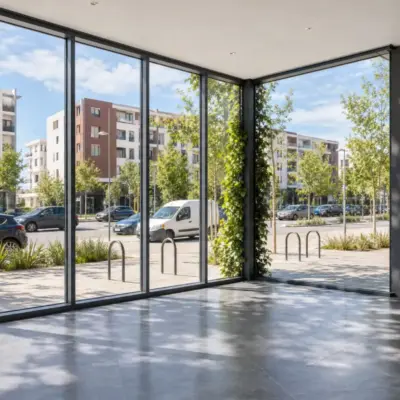 Plateau vide à Meknès avec vitrine à menuiseries noires, porte double centrale, poteau blanc et carrelage gris