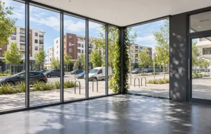 Plateau vide à Meknès avec vitrine à menuiseries noires, porte double centrale, poteau blanc et carrelage gris