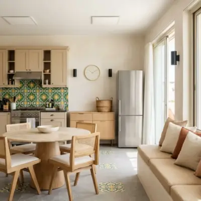 Cuisine ouverte et coin repas avec crédence en carreaux verts et jaunes, table ronde en travertin et banquette maçonnée