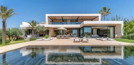 Villa moderne au Maroc, façade frontale, grandes baies vitrées, piscine au premier plan, jardin avec palmiers.